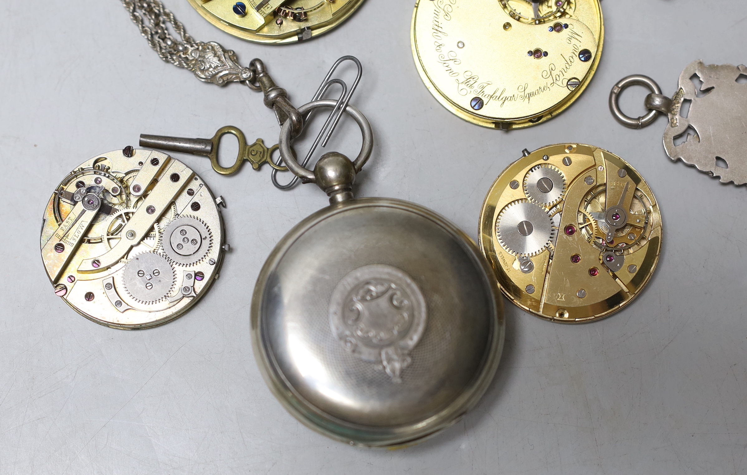 A late Victorian silver open faced pocket watch by J. Williams of Carmarthen, together with other watch movements, pill box, medallions etc.